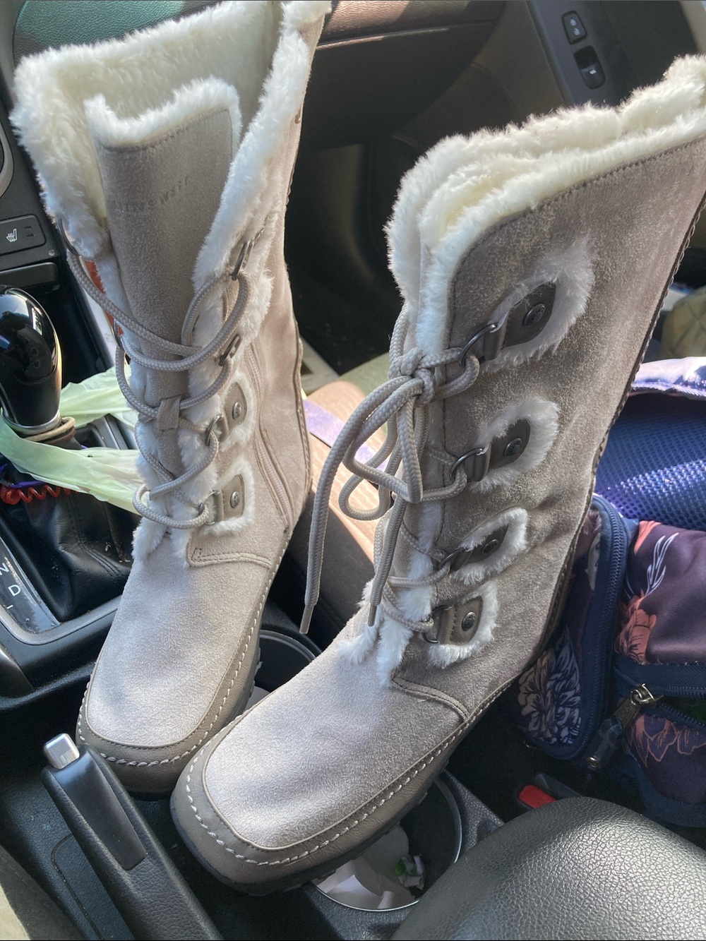 Nine West Taupe Faux-Suede Lace-Up Faux-Fur Winter Boots